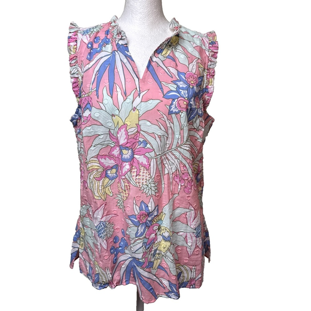 Talbots Tropical Floral Parrot‎ Ruffle Neck Sleeveless Cotton Blouse Top M